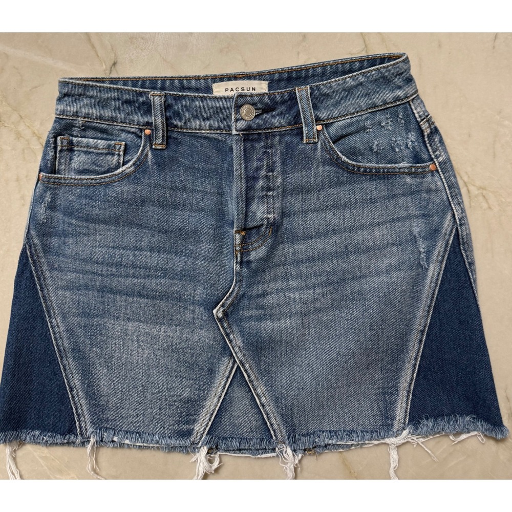 PacSun Two Tone Distressed Denim Mini Skirt Medium Wash Raw Hem Size 25